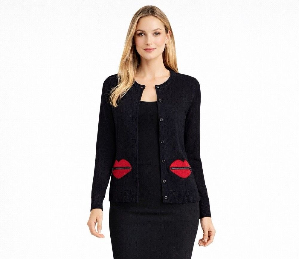 Alice + Olivia Lip Pocket Cardigan Black Wool Knit Size L Statement Sweater